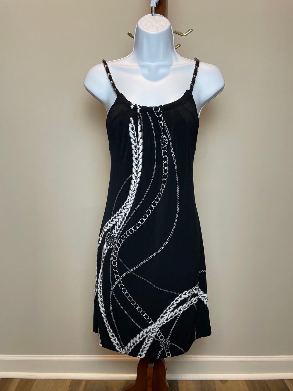 White House Black Market Dress Size S Black Silver Graphic Chain Print Halter